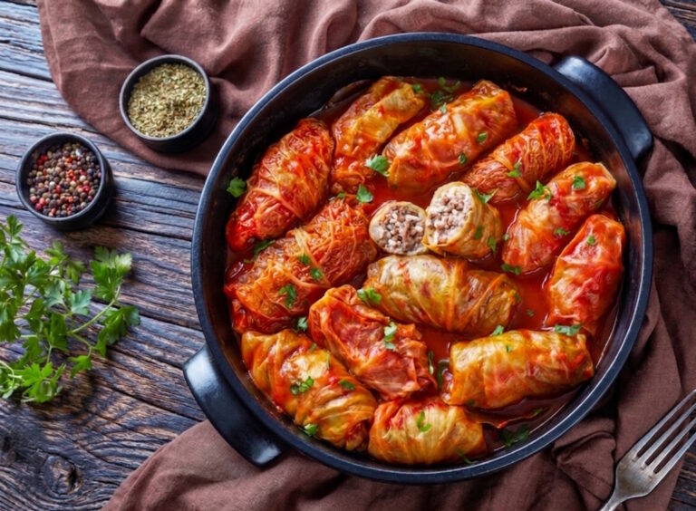 Repollo relleno de Carne en Salsa de Tomate
