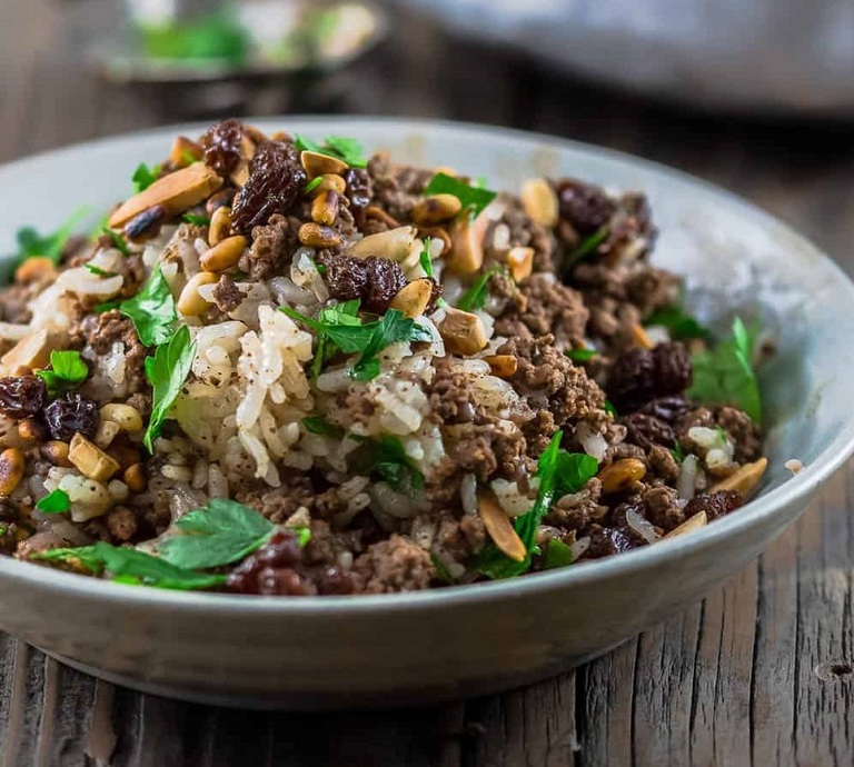 Arroz con Frutos secos y Carne molida